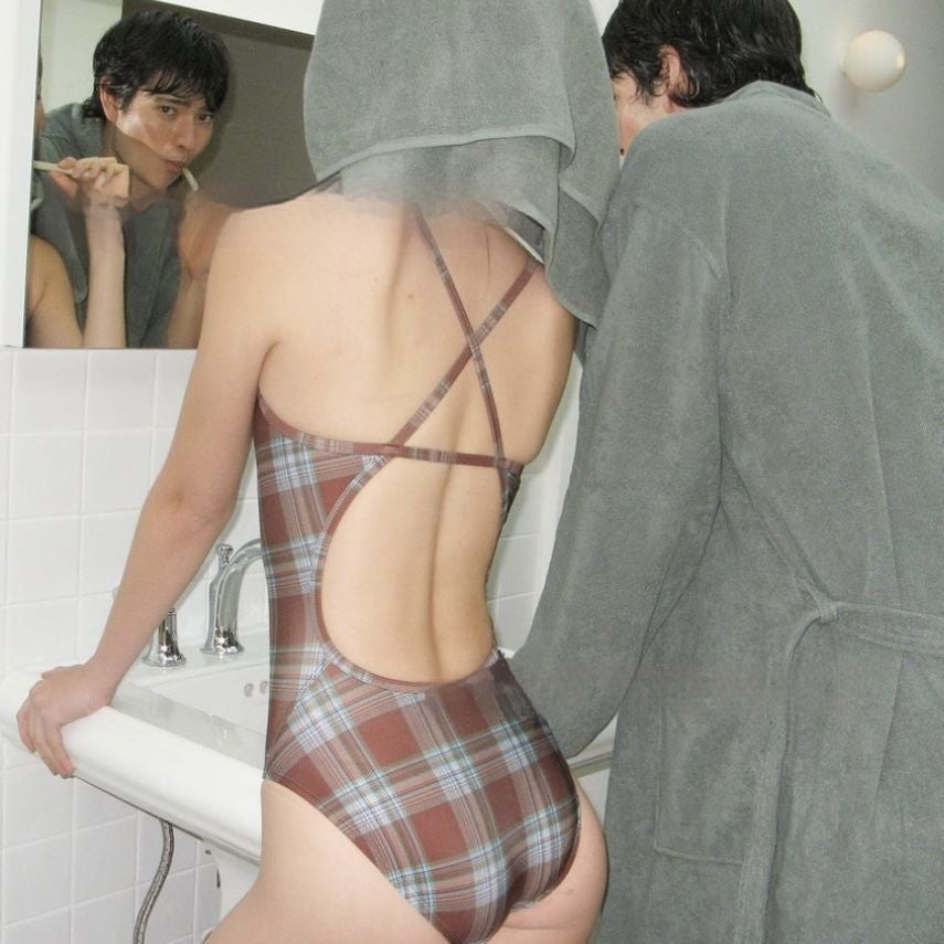 New Couple Swimwear Japanese Style Plaid Vacation Swimsuit Men's Beach Pants