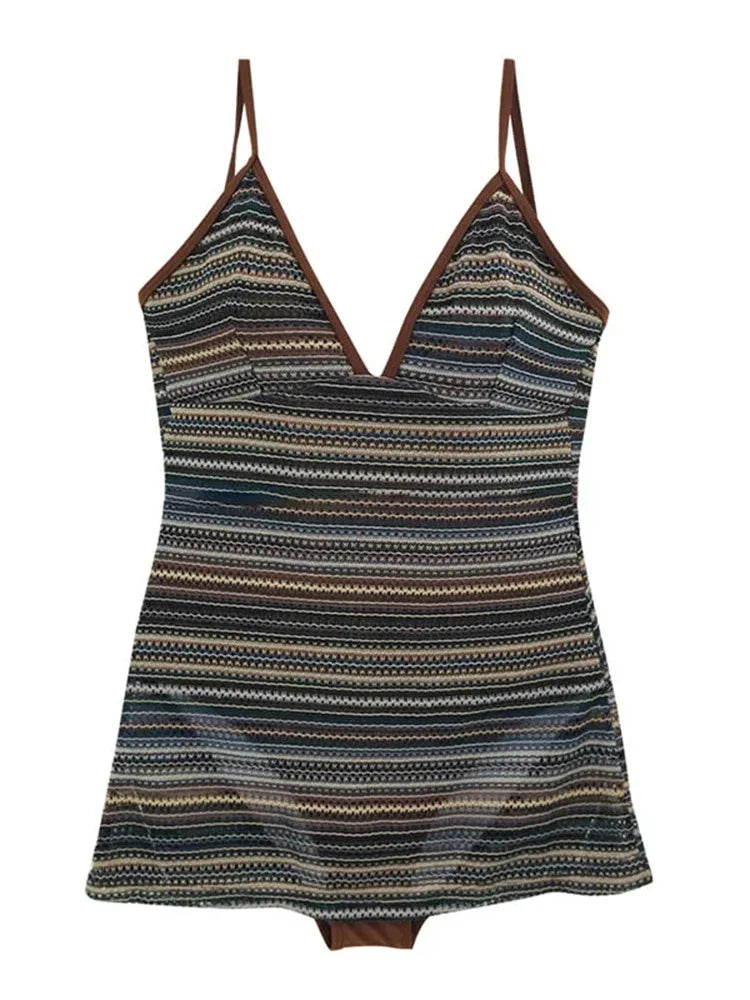 OIINAA Swimming Suit for Women Sexy Vintage Striped One Piece Bodysuit Summer V-neck Swimwear Lace Up 2024 Bathing Suit Holiday Survival Dog