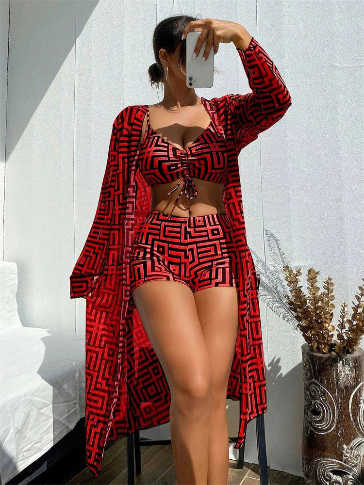 Bikini Women Swimsuit 2024 New Lattice Sling Bikinis Set Sexy Boxer Shorts Swimwear Summer Long Sleeve Beach Bathing Suit Female Survival Dog
