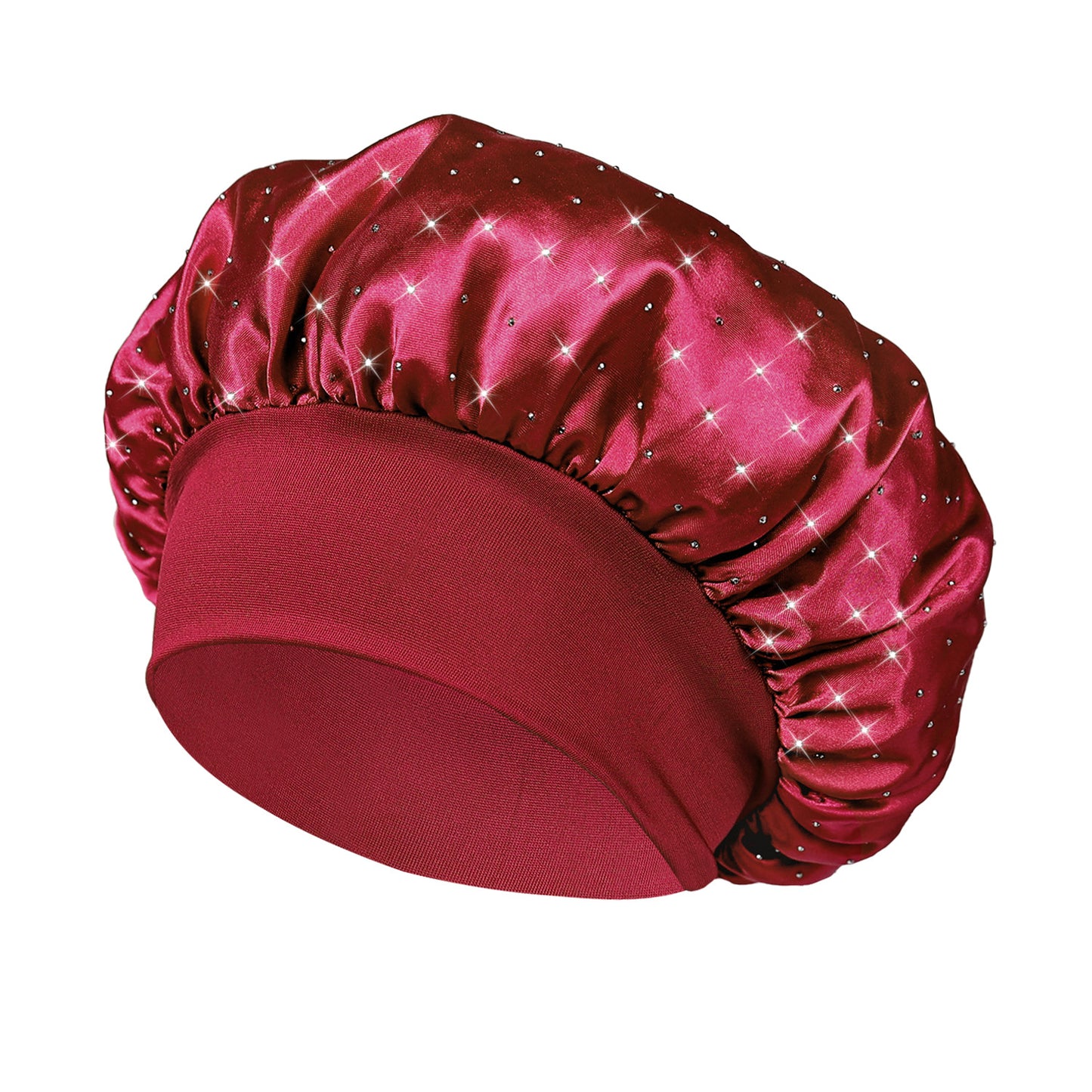 Hot-stone Embellished Wide-edge Elastic Sleep Cap Hair-protecting Beauty Shower Cap Satin Chemo Cap