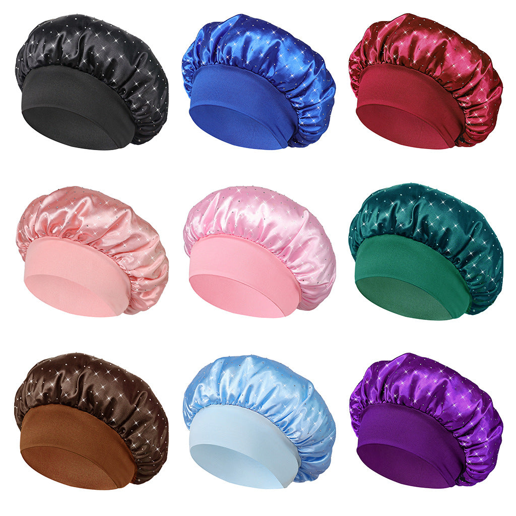 Hot-stone Embellished Wide-edge Elastic Sleep Cap Hair-protecting Beauty Shower Cap Satin Chemo Cap