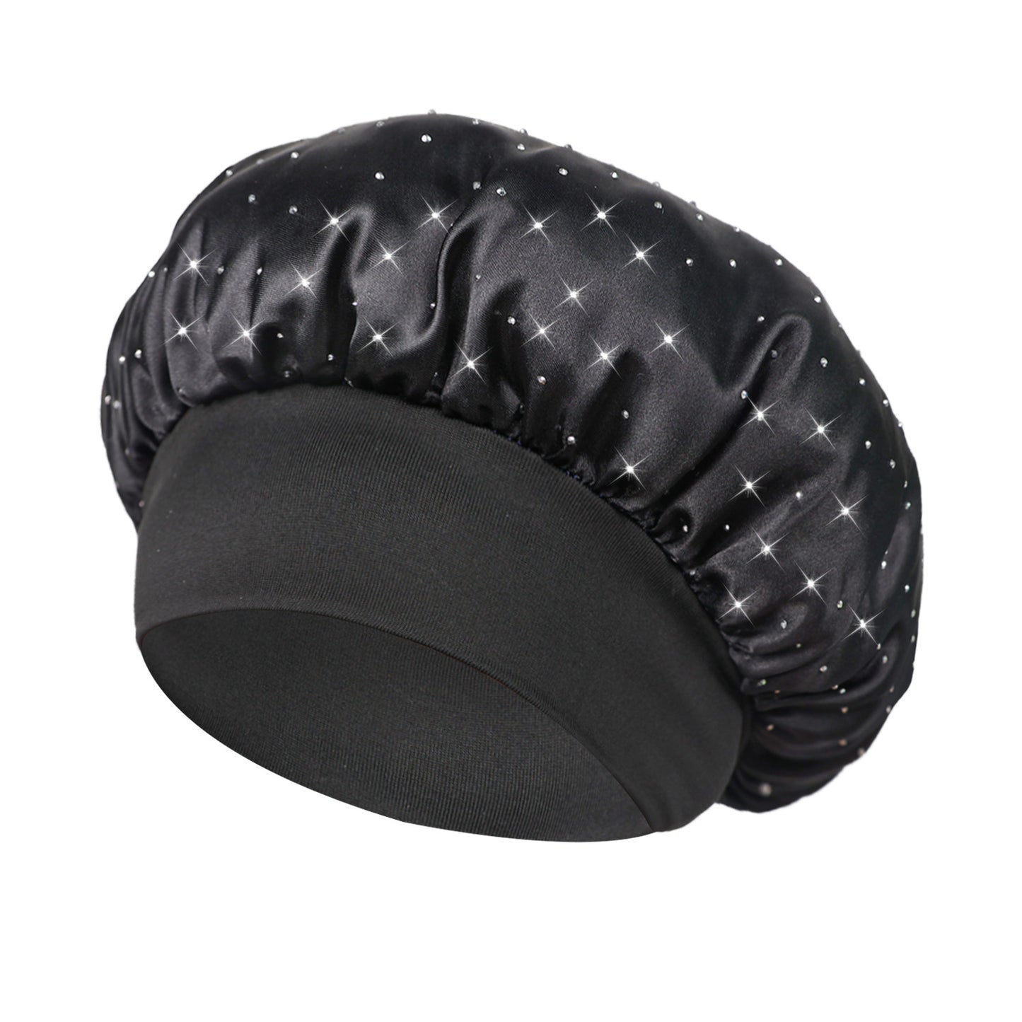 Hot-stone Embellished Wide-edge Elastic Sleep Cap Hair-protecting Beauty Shower Cap Satin Chemo Cap