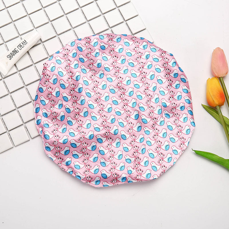 Double Layer Satin Cloth Waterproof Shower Cap Thickened Adult Ladies Wave Point