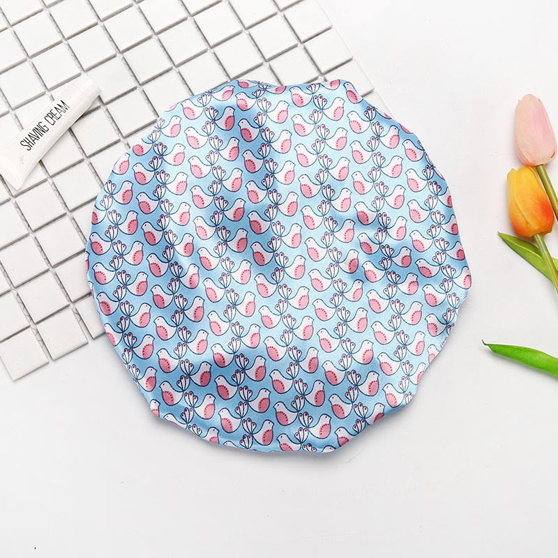 Double Layer Satin Cloth Waterproof Shower Cap Thickened Adult Ladies Wave Point