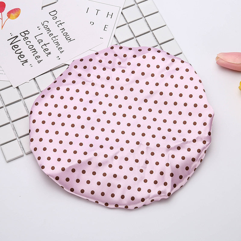Double Layer Satin Cloth Waterproof Shower Cap Thickened Adult Ladies Wave Point