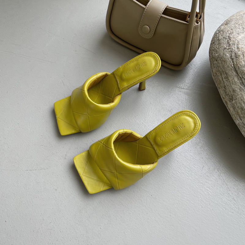 Diamond Stiletto Soft Leather Square Sandals And Slippers