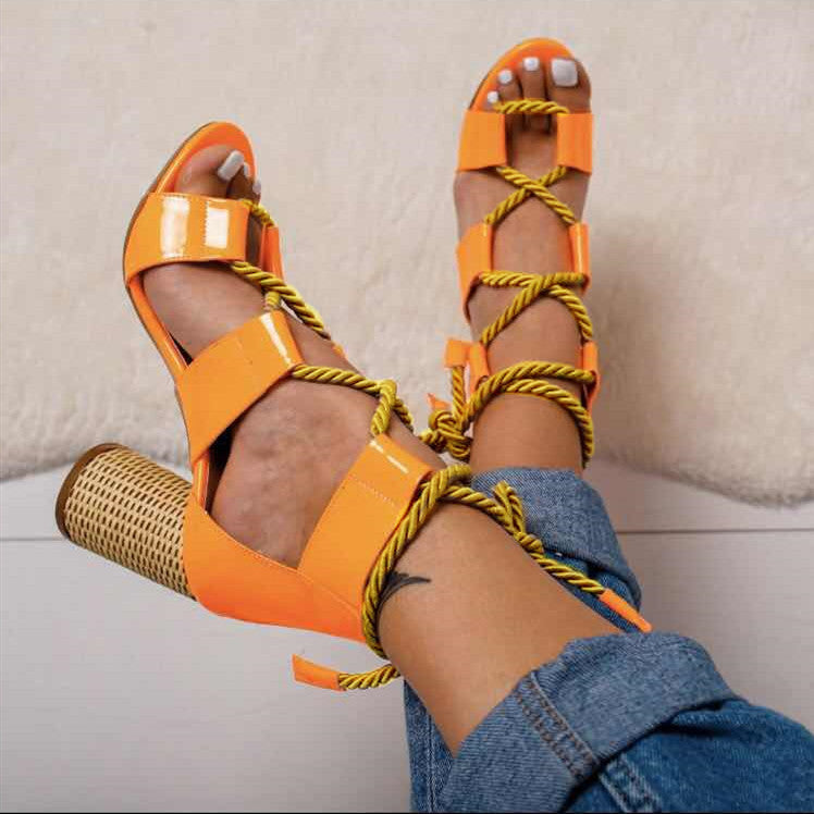Women's lace up sandals high heeled shoes