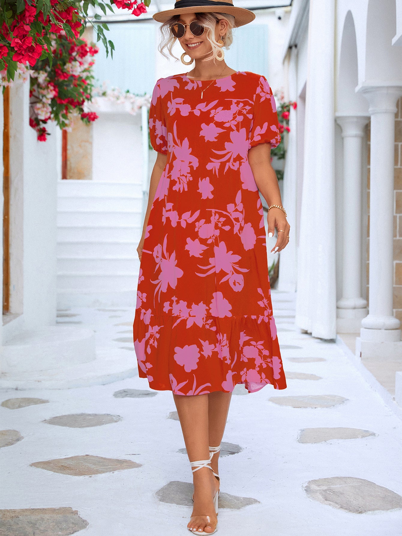 Puff Sleeve Print Dress Women