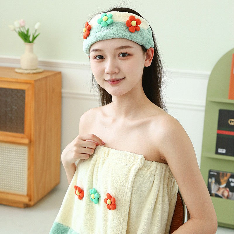 Hair-drying Cap Thick Coral Fleece Embroidery Flower Shower Cap Bath Towel Hair Band Strong Absorbent Bath Skirt Set