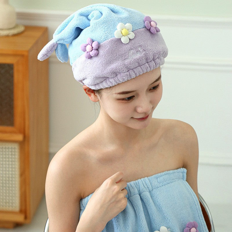 Hair-drying Cap Thick Coral Fleece Embroidery Flower Shower Cap Bath Towel Hair Band Strong Absorbent Bath Skirt Set