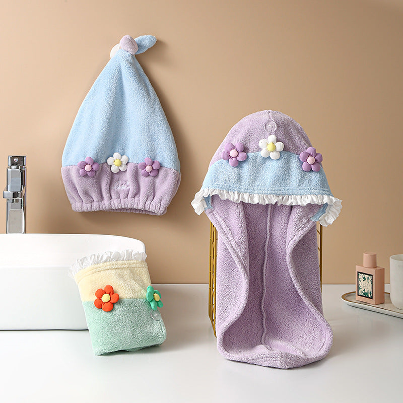 Hair-drying Cap Thick Coral Fleece Embroidery Flower Shower Cap Bath Towel Hair Band Strong Absorbent Bath Skirt Set