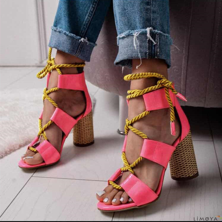 Women's lace up sandals high heeled shoes
