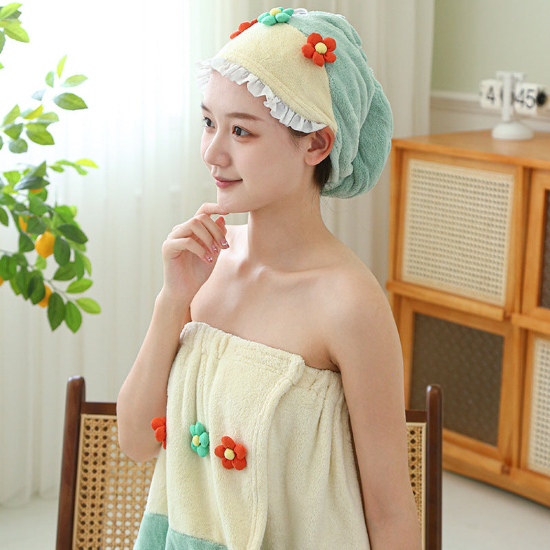 Hair-drying Cap Thick Coral Fleece Embroidery Flower Shower Cap Bath Towel Hair Band Strong Absorbent Bath Skirt Set