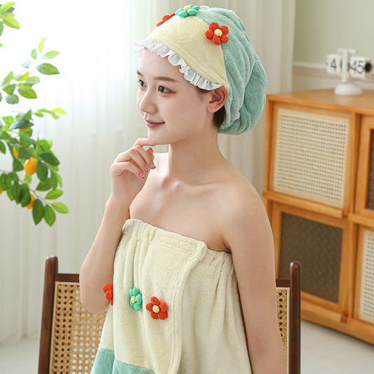 Hair-drying Cap Thick Coral Fleece Embroidery Flower Shower Cap Bath Towel Hair Band Strong Absorbent Bath Skirt Set