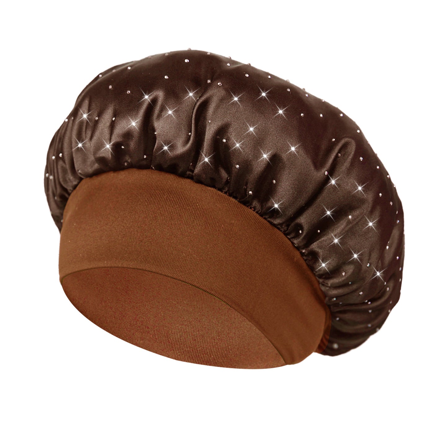 Hot-stone Embellished Wide-edge Elastic Sleep Cap Hair-protecting Beauty Shower Cap Satin Chemo Cap