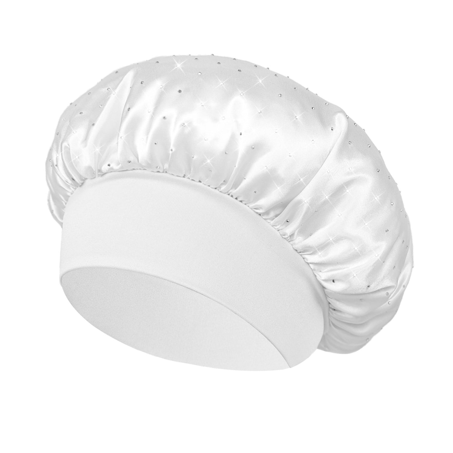Hot-stone Embellished Wide-edge Elastic Sleep Cap Hair-protecting Beauty Shower Cap Satin Chemo Cap