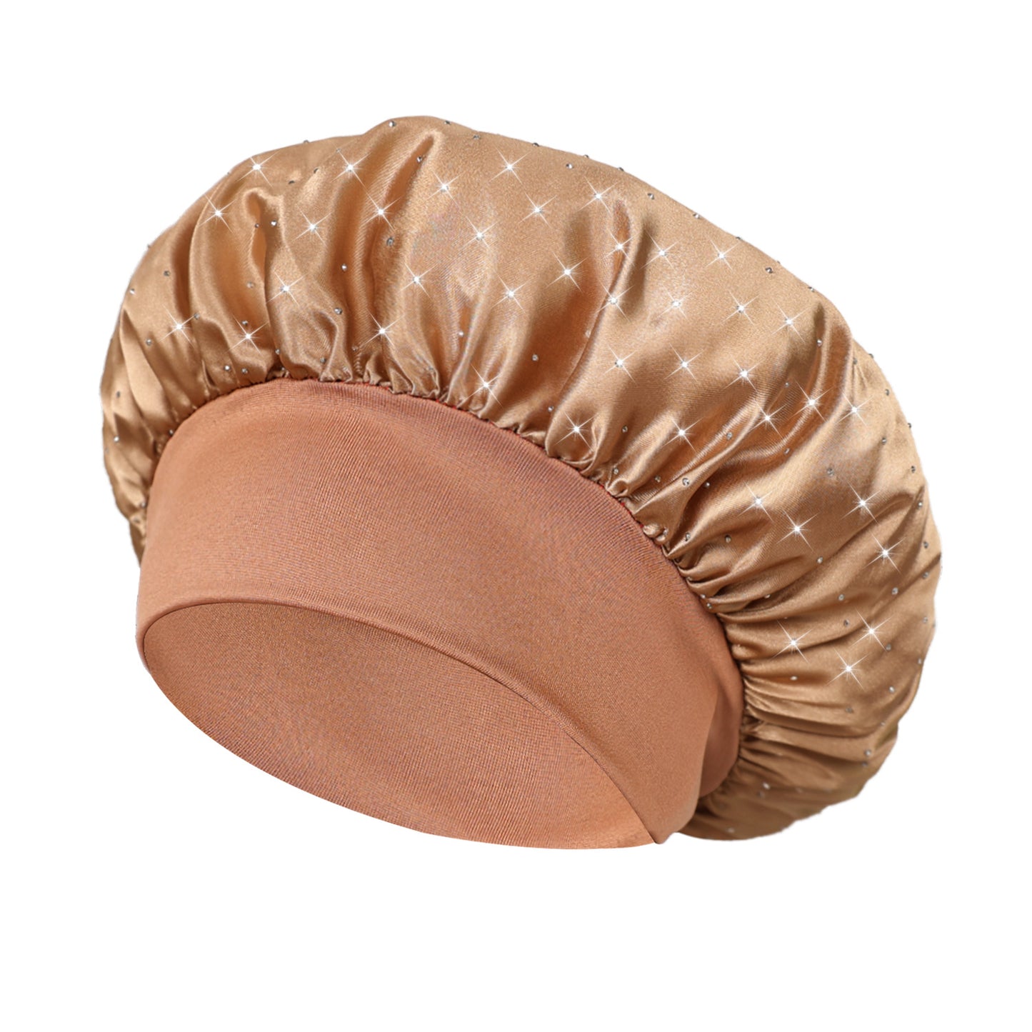 Hot-stone Embellished Wide-edge Elastic Sleep Cap Hair-protecting Beauty Shower Cap Satin Chemo Cap