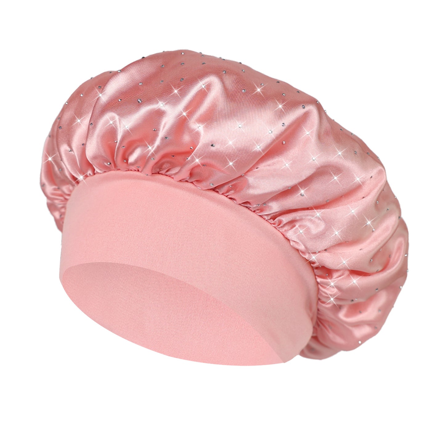Hot-stone Embellished Wide-edge Elastic Sleep Cap Hair-protecting Beauty Shower Cap Satin Chemo Cap