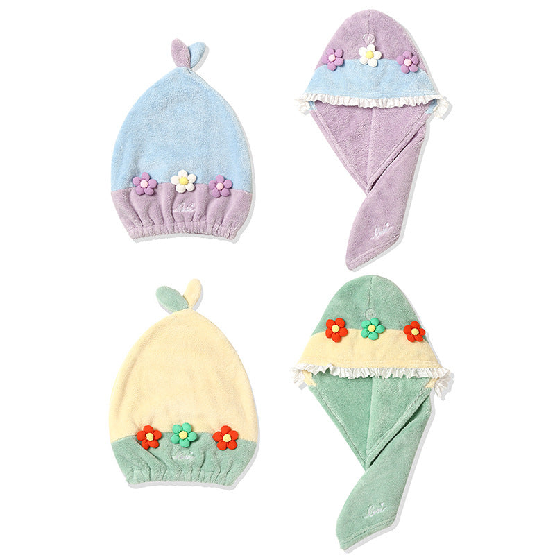Hair-drying Cap Thick Coral Fleece Embroidery Flower Shower Cap Bath Towel Hair Band Strong Absorbent Bath Skirt Set