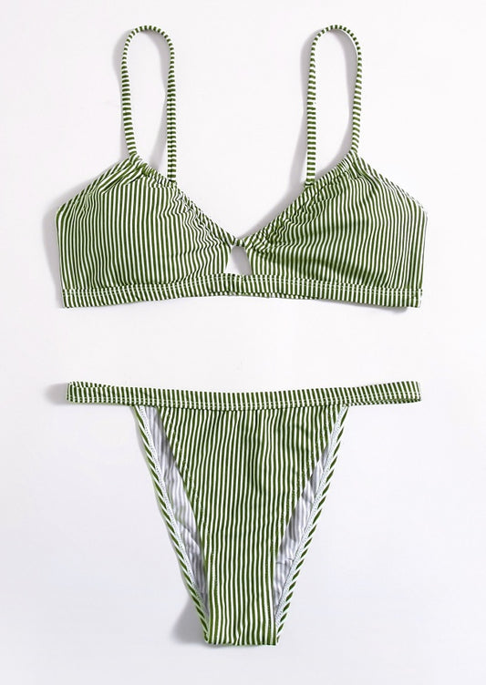 European And American Women Halter Stripe Neck Split Swimsuit Bikini