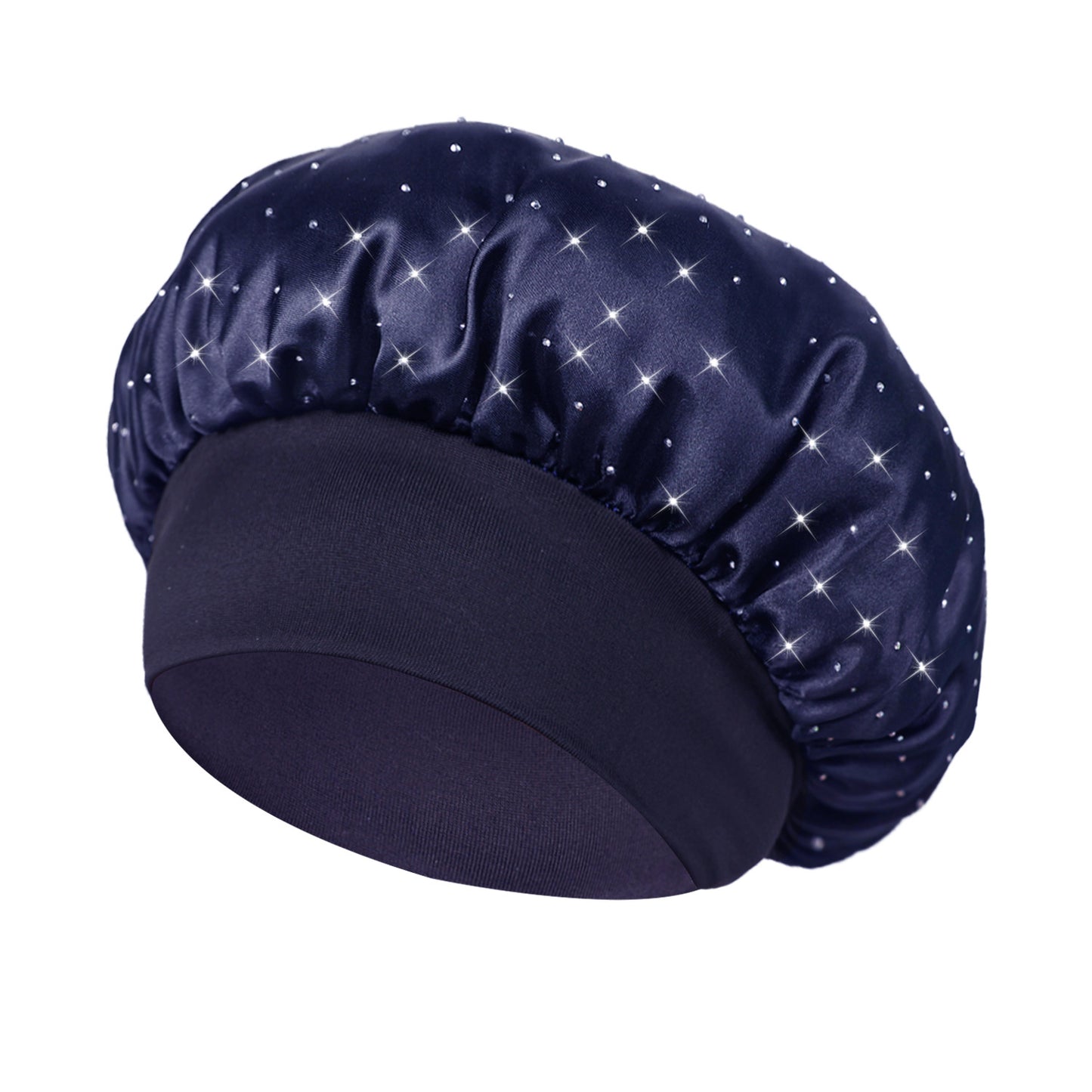 Hot-stone Embellished Wide-edge Elastic Sleep Cap Hair-protecting Beauty Shower Cap Satin Chemo Cap