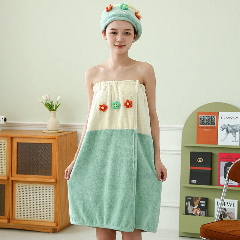 Hair-drying Cap Thick Coral Fleece Embroidery Flower Shower Cap Bath Towel Hair Band Strong Absorbent Bath Skirt Set