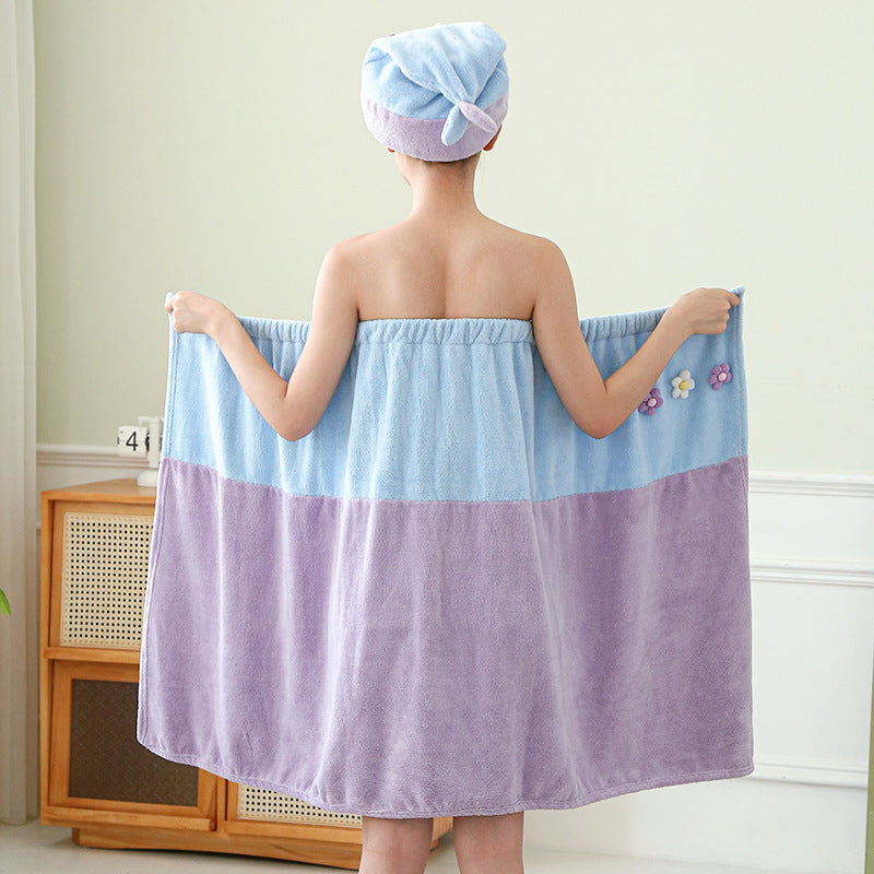 Hair-drying Cap Thick Coral Fleece Embroidery Flower Shower Cap Bath Towel Hair Band Strong Absorbent Bath Skirt Set