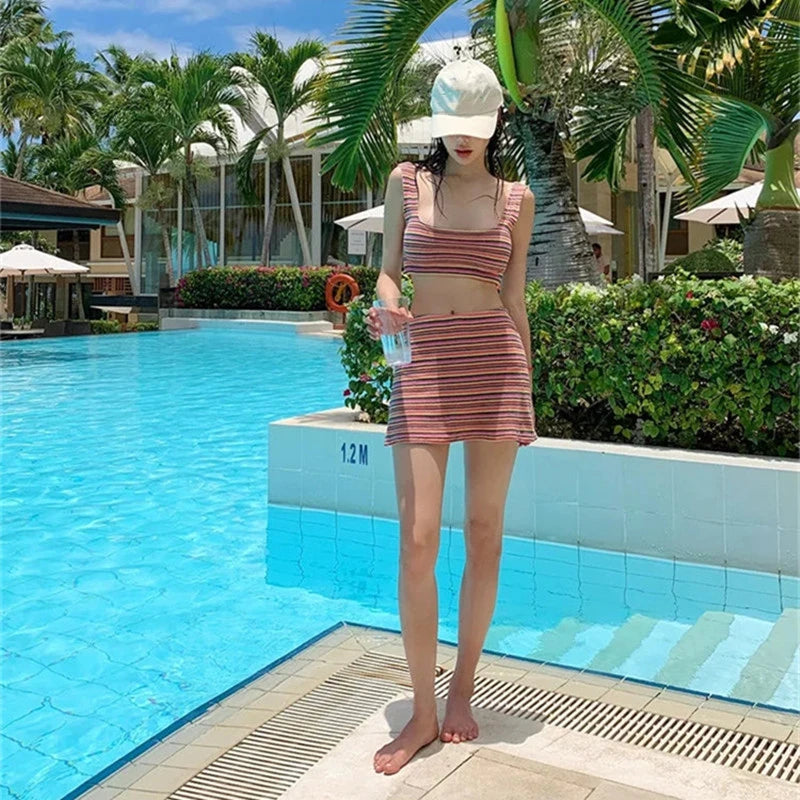 New Sexy Striped High Waist Bikinis Skirt Two Pieces Swimsuit Women Swimwear Beach Wear Bathing Suits Korean Bikini Set 2025 Survival Dog
