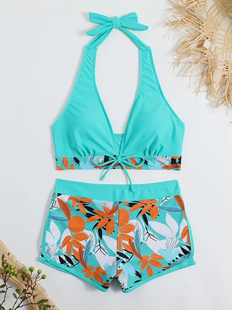 Fashion Printed Swimsuit Women Spliced Lace Up Sporty Surfing Bikini Set Bathing Suit Beachwear Swimwear Female Swimming Suits Survival Dog