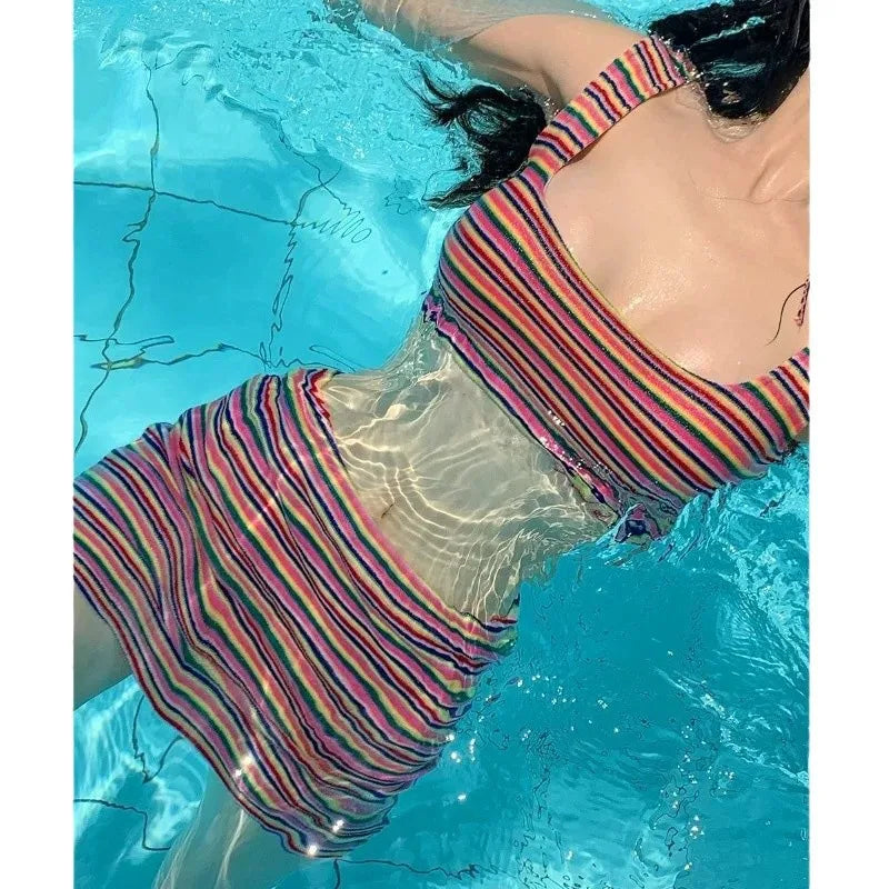 New Sexy Striped High Waist Bikinis Skirt Two Pieces Swimsuit Women Swimwear Beach Wear Bathing Suits Korean Bikini Set 2025 Survival Dog