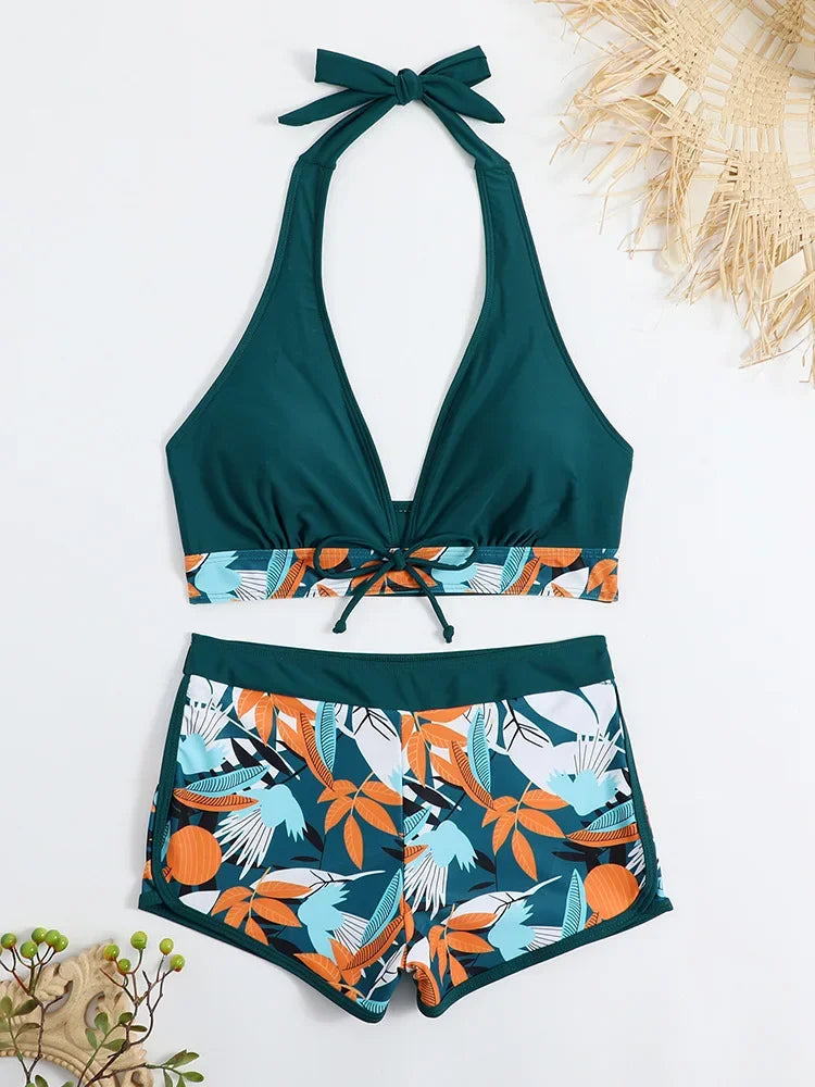 Fashion Printed Swimsuit Women Spliced Lace Up Sporty Surfing Bikini Set Bathing Suit Beachwear Swimwear Female Swimming Suits Survival Dog