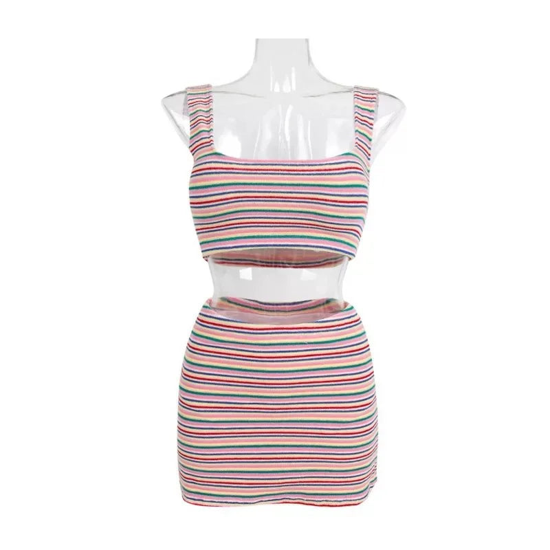 New Sexy Striped High Waist Bikinis Skirt Two Pieces Swimsuit Women Swimwear Beach Wear Bathing Suits Korean Bikini Set 2025 Survival Dog