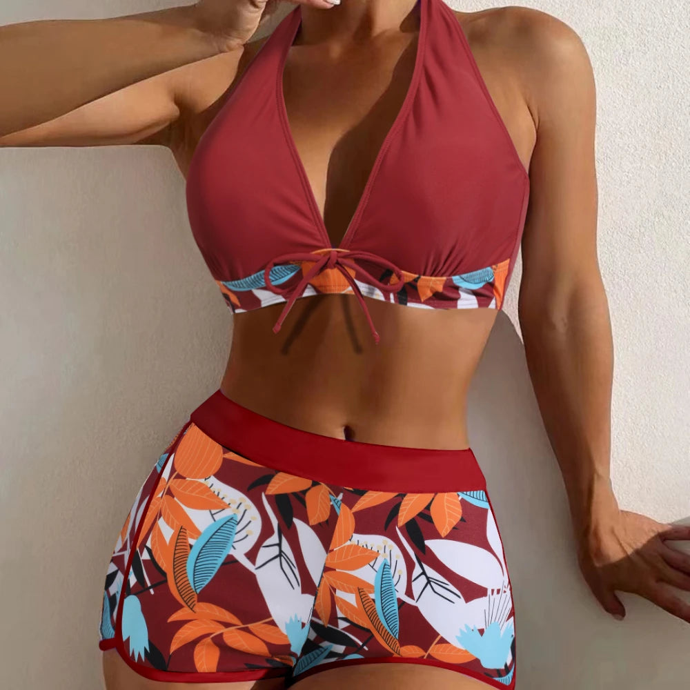 Fashion Printed Swimsuit Women Spliced Lace Up Sporty Surfing Bikini Set Bathing Suit Beachwear Swimwear Female Swimming Suits Survival Dog