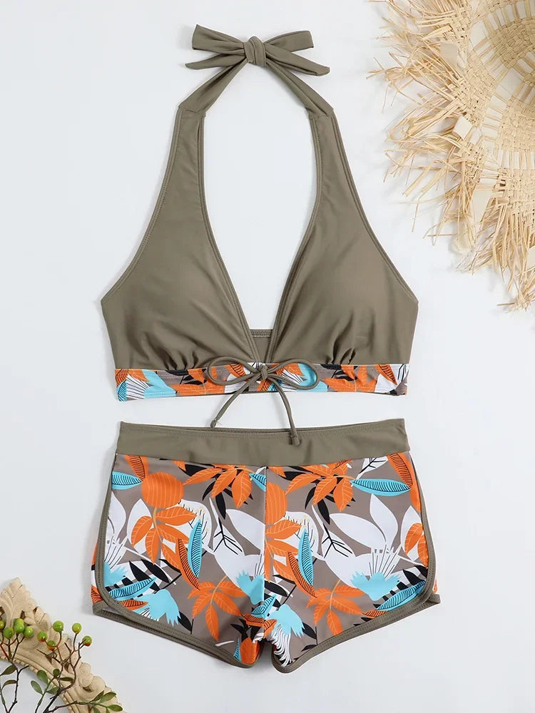 Fashion Printed Swimsuit Women Spliced Lace Up Sporty Surfing Bikini Set Bathing Suit Beachwear Swimwear Female Swimming Suits Survival Dog