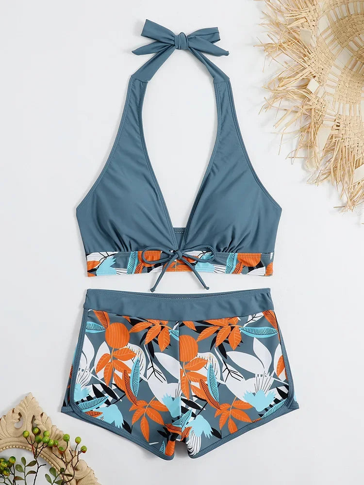 Fashion Printed Swimsuit Women Spliced Lace Up Sporty Surfing Bikini Set Bathing Suit Beachwear Swimwear Female Swimming Suits Survival Dog