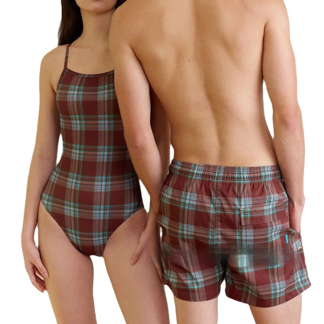 New Couple Swimwear Japanese Style Plaid Vacation Swimsuit Men's Beach Pants