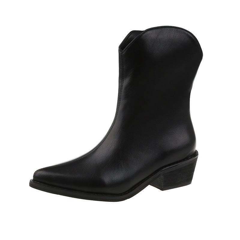 Spring And Autumn Models Pointed Toe Mid-tube Thick Heel Martin Boots