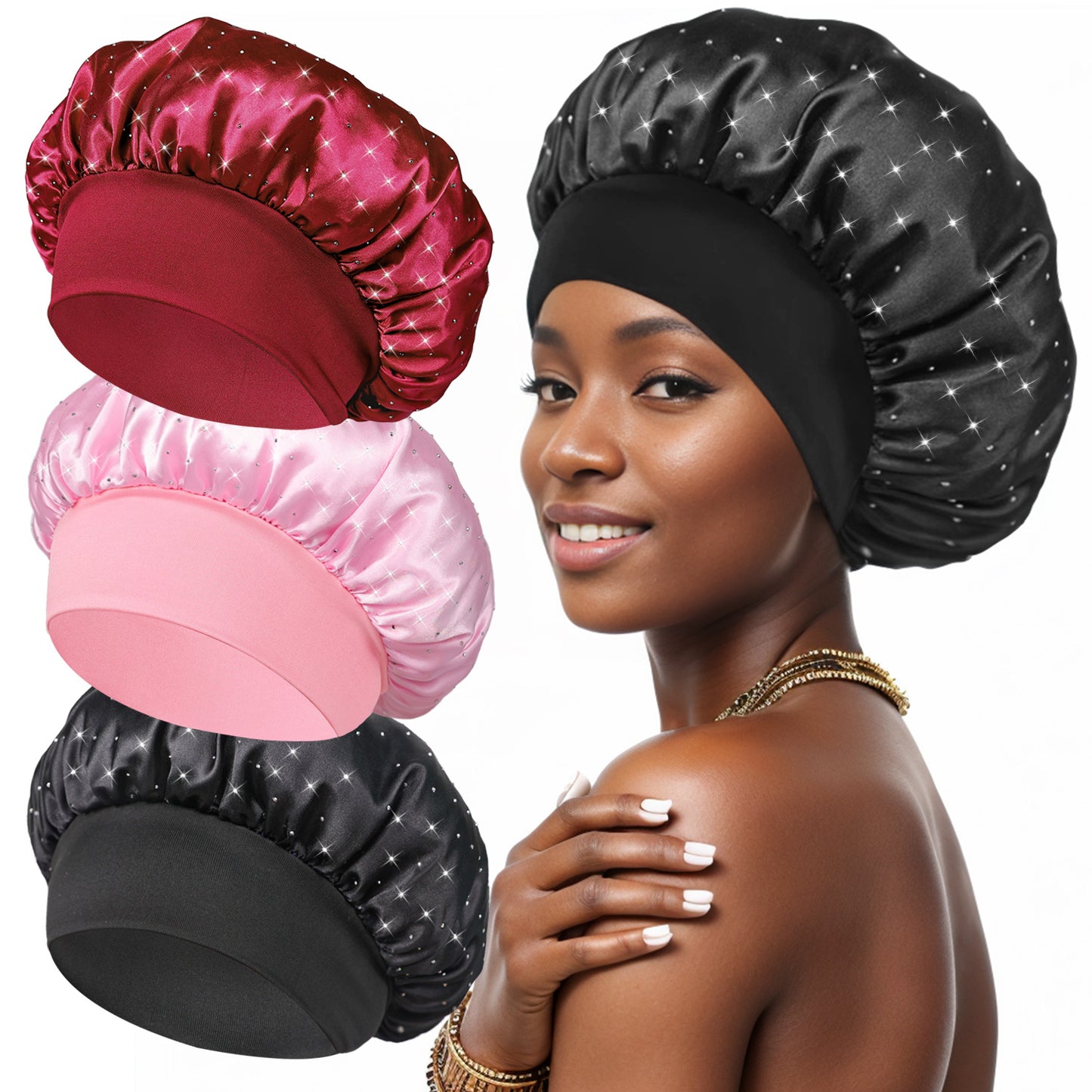 Hot-stone Embellished Wide-edge Elastic Sleep Cap Hair-protecting Beauty Shower Cap Satin Chemo Cap