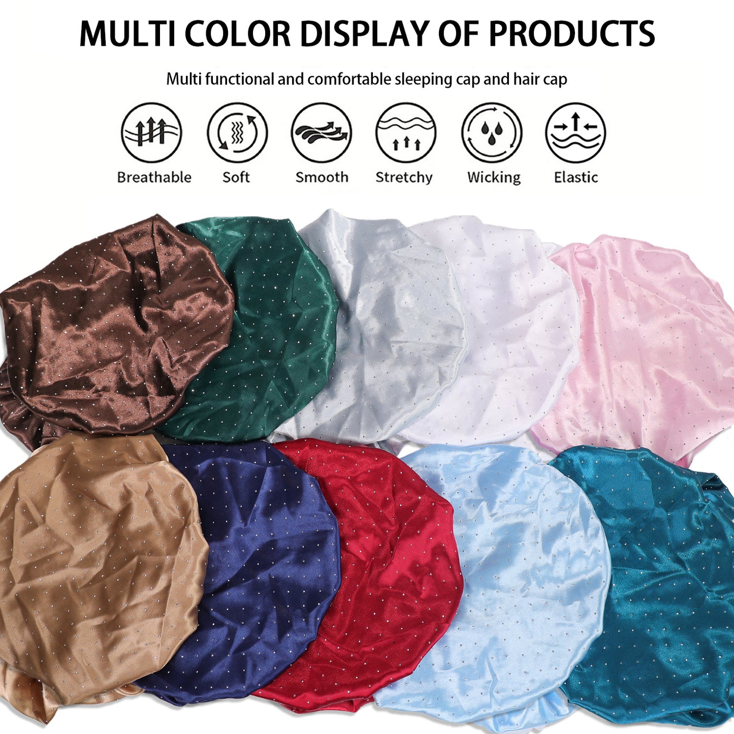 Hot-stone Embellished Wide-edge Elastic Sleep Cap Hair-protecting Beauty Shower Cap Satin Chemo Cap