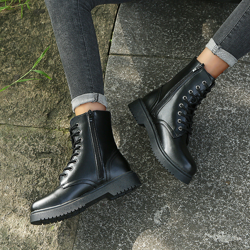 British Style Short Round Toe Thick Heel Side Zipper Women's Boots
