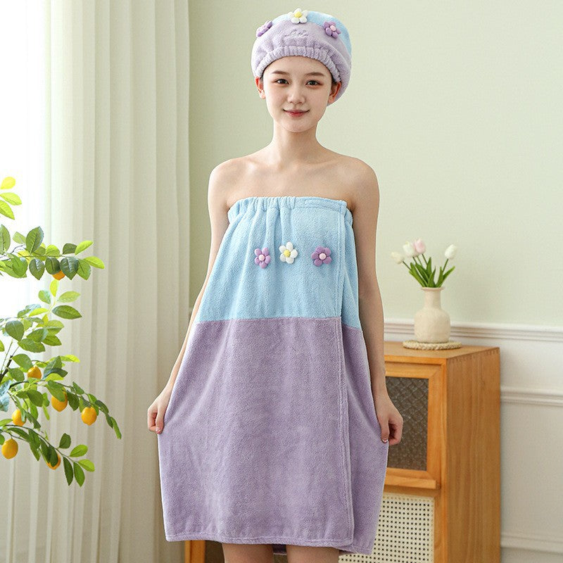 Hair-drying Cap Thick Coral Fleece Embroidery Flower Shower Cap Bath Towel Hair Band Strong Absorbent Bath Skirt Set