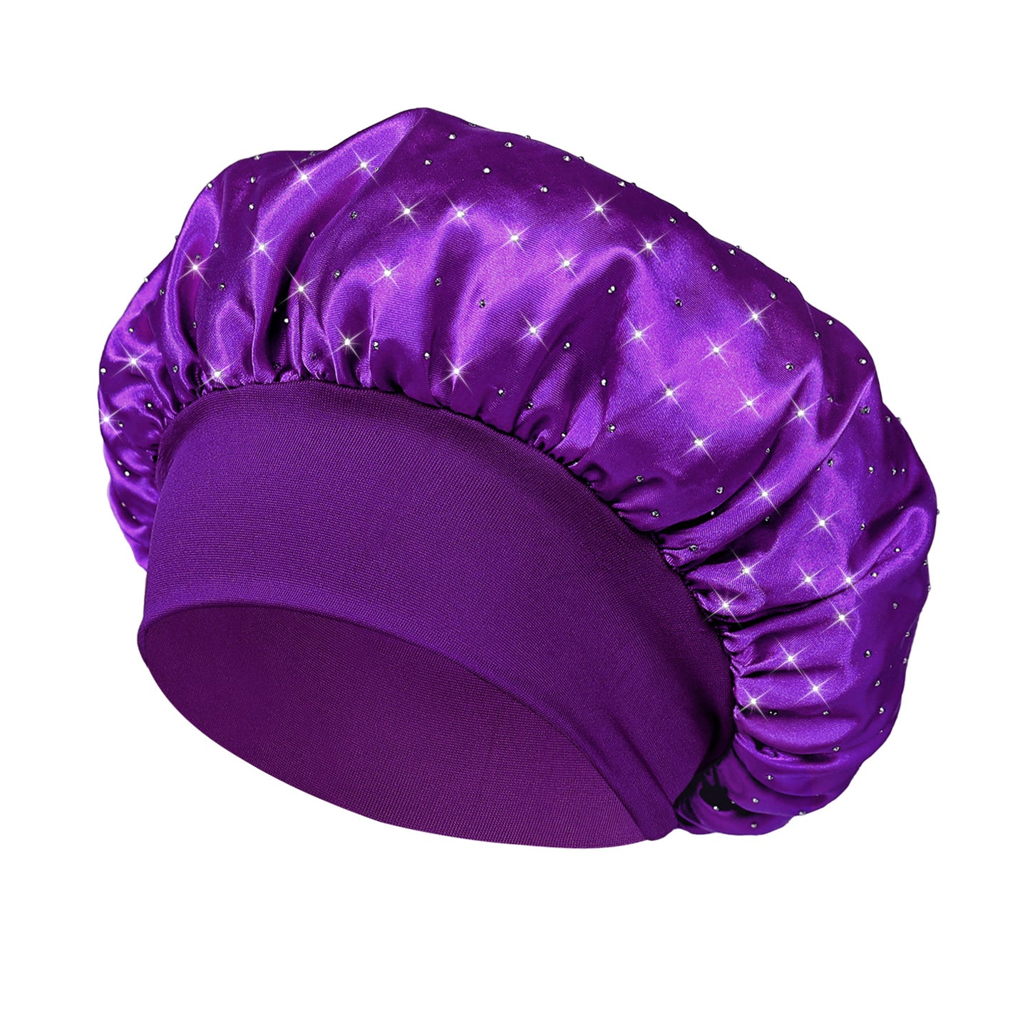 Hot-stone Embellished Wide-edge Elastic Sleep Cap Hair-protecting Beauty Shower Cap Satin Chemo Cap