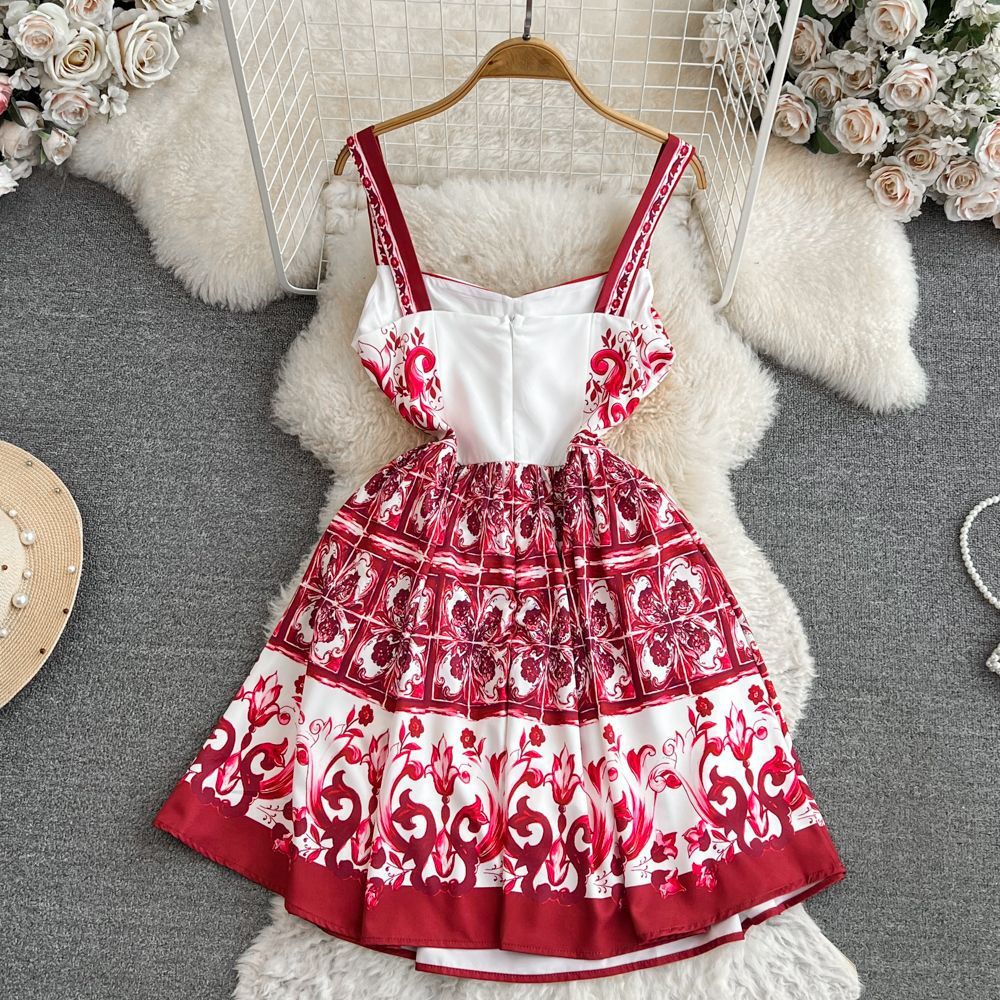 Retro Printing Slip Dress Women